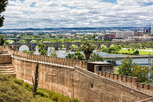 Panorama of Badajoz overlooking the Guardiana river, and the walls of the Alcazaba, Extremadura of Spain