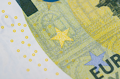 Close-up of the twenty euro banknote of the European Union, genuine 20 euro banknote