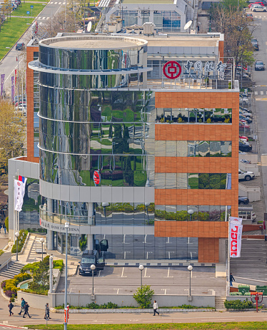 Belgrade, Serbia - April 09, 2023: Aerial View Bank of China Commercial Office Building New Belgrade Spring Day.