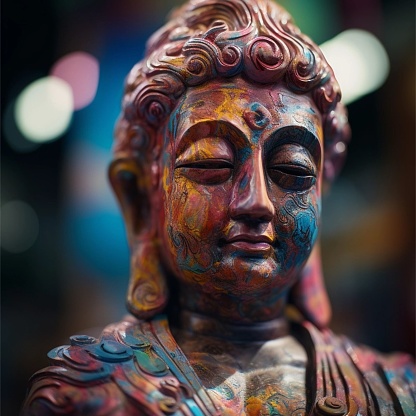 A colorful Buddha statue covered with colorful paints on a blurry bokeh background