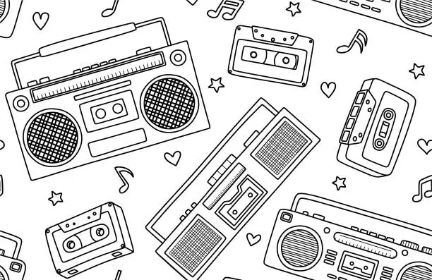 Vector illustration of tape recorders, headphones and microphone seamless pattern.