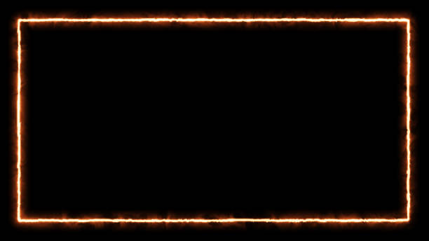 istock Blank rectangle sign burning fire flames around frame lights on black background 1486766677