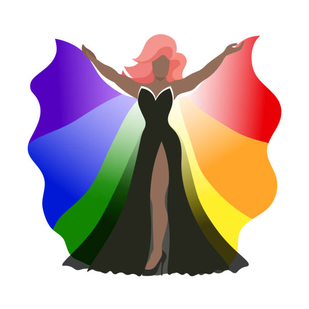 ilustrações de stock, clip art, desenhos animados e ícones de vector illustration of drag queen or transgender in elegant black evening gown holding rainbow cape on white background for lgbtq+ concept - bi sexual illustrations