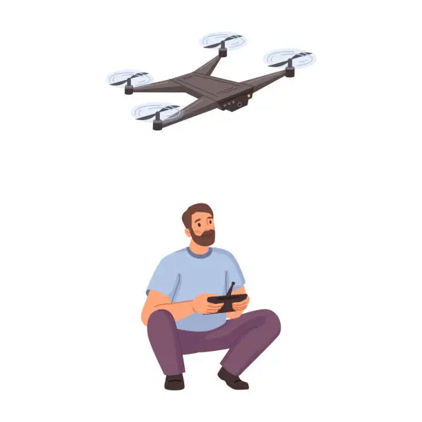 Vector illustration of Drone controlled by man, isolated unmanned aerial vehicle with camera collecting data. Aircraft for playing, uav with controller. Vector in flat cartoon illustration