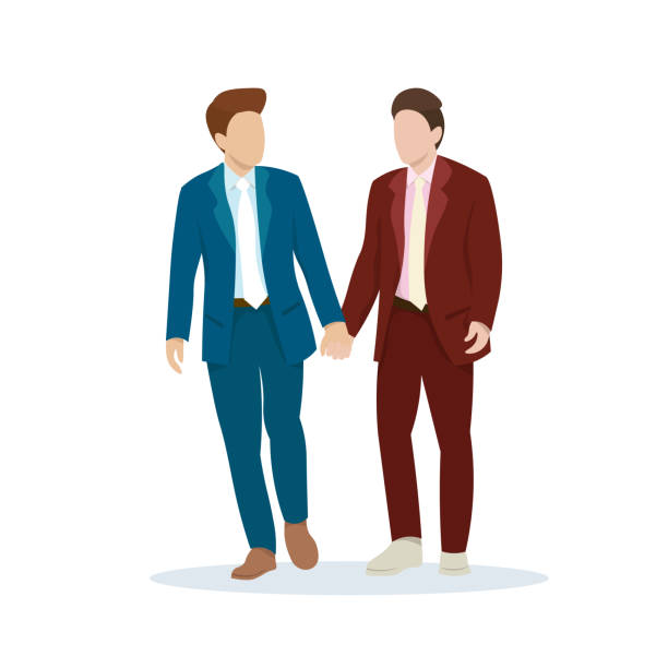 ilustrações, clipart, desenhos animados e ícones de ilustração vetorial de casal gay de mãos dadas em olhar formal e expressar amor. personagem plano sem rosto para o conceito lgbtq no fundo branco - homosexual couple illustrations