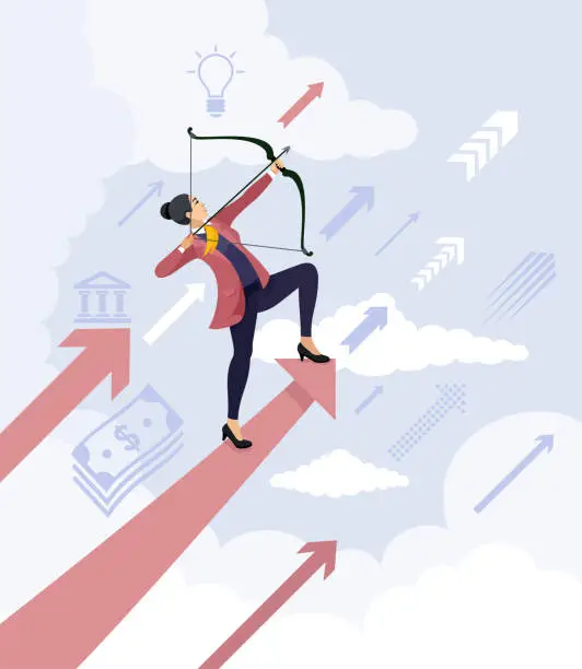 Vector illustration of Businesswoman standing on a red arrow and hitting the next target. Leadership concept. Business vision. Business start up concept.