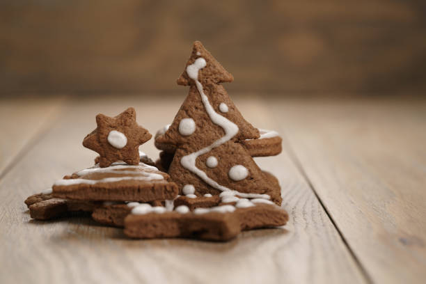 chrismas chocolate cookies on oak table with copy space, holliday dessert