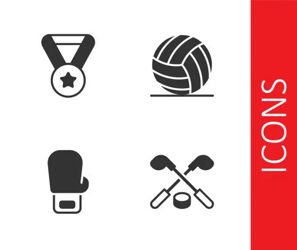 Vector illustration of Set Ice hockey sticks and puck, Medal, Boxing glove and Volleyball ball icon. Vector