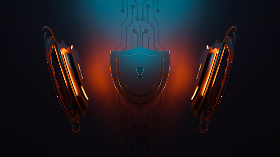Protection network security computer and safe your data concept. Shield icon cyber security, digital data network protection, Digital crime by an anonymous hacker. 3D illustration