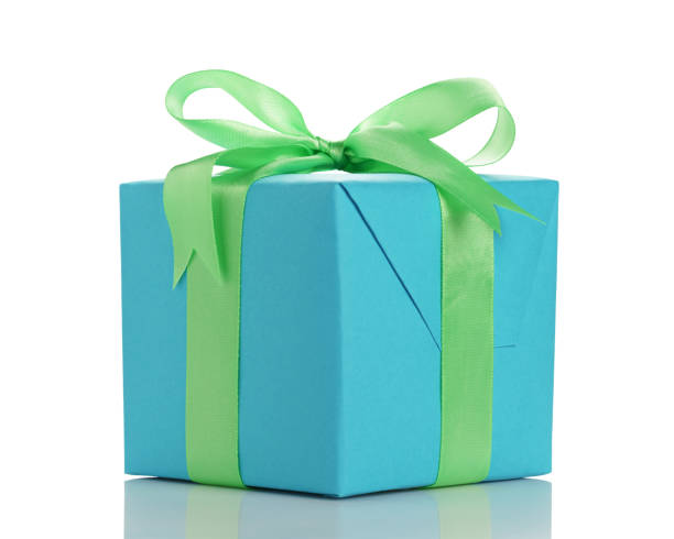 istock blue paper giftbox with green ribbon bow isolated 1486778588