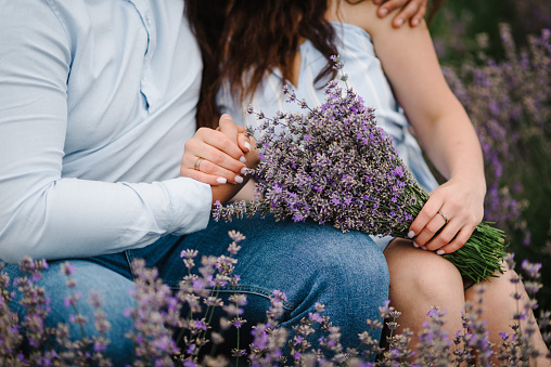 France, Provence. Loving couple kissing and holding bouquet of lavender flowers at sunset. Couple sits and enjoys floral glade, summer nature. Family hugging in purple lavender field. Honeymoon trip.