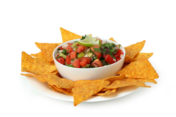 istock Pico de Gallo and chips isolated on white background 1486786988