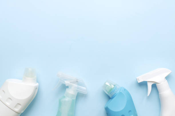 istock Flat lay cleaning supplies on a blue background. Cleaning. Purity. 1486788422