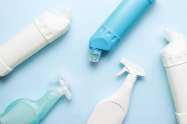 istock Cleaning products mockups. Flatly housekeeping on a blue background. 1486788426