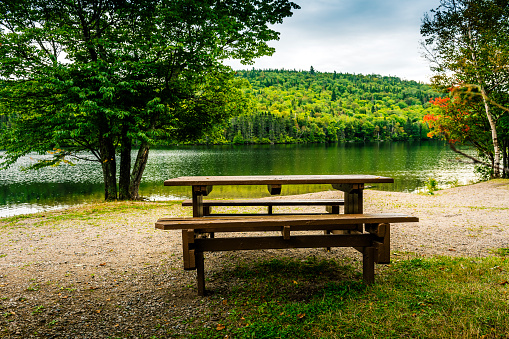 picnic table at a lake in Canada