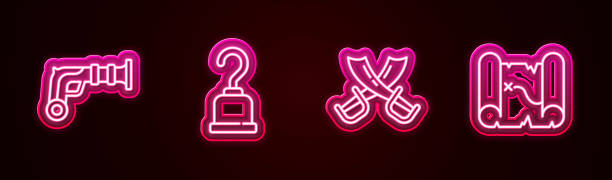 istock Set line Vintage pistols, Pirate hook, Crossed pirate swords and treasure map. Glowing neon icon. Vector 1486790666