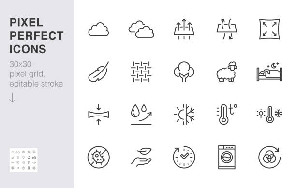 Blanket pillow properties line icon set. Cushion, lush, breathing, fluff, filler, waterproof minimal vector illustration. Simple outline sign for comfort sleep. 30x30 Pixel Perfect, Editable Stroke Blanket pillow properties line icon set. Cushion, lush, breathing, fluff, filler, waterproof minimal vector illustration. Simple outline sign for comfort sleep. 30x30 Pixel Perfect, Editable Stroke. waterproof stock illustrations