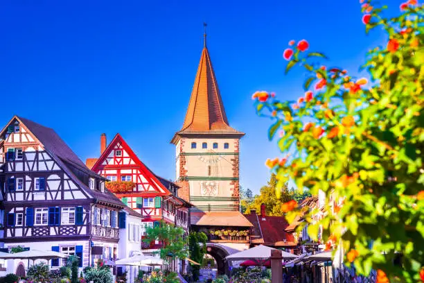 Gengenbach, Germany. Altstadt, beautiful town square with timber-framed medieval houses, Baden-Wurtemberg and colorful flower arrangements. Black Forest travel in Baden-Wurttemberg.