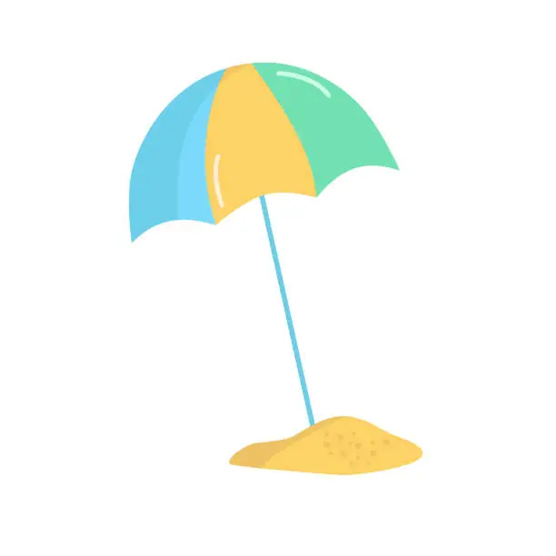 Vector illustration of Beach umbrella standing in sea sand. Vector illustration of parasol from sun and rain. Necessary thing for vacation.
