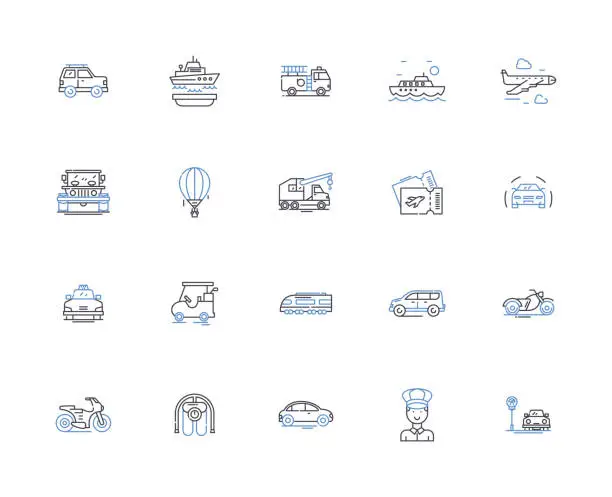 Vector illustration of Transportation nerk line icons collection. Bus, Train, Car, Bike, Ferry, Scooter, Traffic vector and linear illustration. Taxi,Subway,Road outline signs set