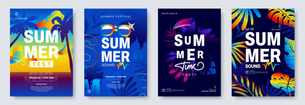 illustrazioni stock, clip art, cartoni animati e icone di tendenza di collezione di poster del summer festival. design del volantino estivo. sfondo astratto in formato a4 con motivi di natura tropicale e luogo per il testo. ideale per invito a eventi stagionali, promo. illustrazione vettoriale - musica tropicale