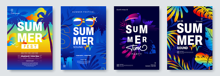 Summer Festival poster collection. Summer flyer design. Abstract background in A4 size with tropical nature motives and place for text. Ideal for season event invitation, promo. Vector illustration