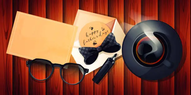 Vector illustration of Father's day greeting card in retro style. A cup of coffee, an envelope, glasses and a marker with a grunge place for congratulations on a wooden background.