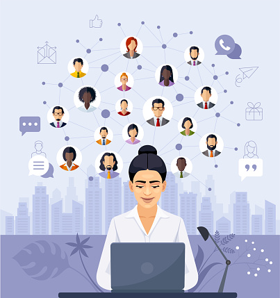 Businesswoman working online. Social network concept. Connection on cloud technology network. Business people communication on social network concept and business online connection.