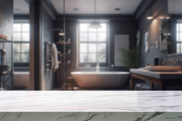 istock Empty marble desk space over modern hotel bathroom or toilet background for product display montage 1486796480