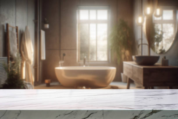 istock Empty marble desk space over modern hotel bathroom or toilet background for product display montage 1486796482