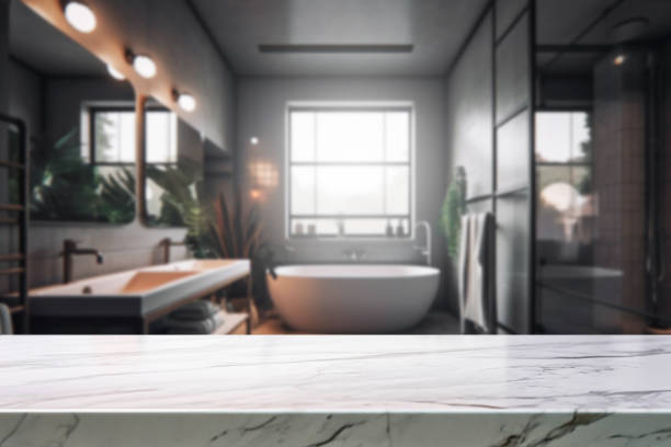 istock Empty marble desk space over modern hotel bathroom or toilet background for product display montage 1486796484
