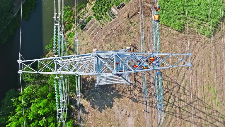 Aerial view of high voltage power tower.