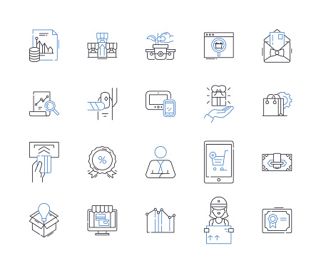Stockpile and dividends outline icons collection. Investments, Portfolio, Dividend yield, Income, Diversification, Growth, Payout vector and illustration concept set. Reinvestment,Return linear signs and symbols