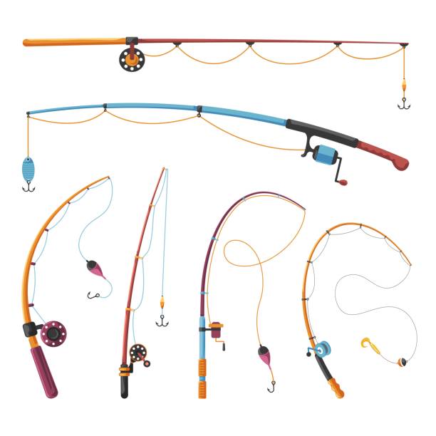 Cartoon fishing rods. Colourful isolated rod with spinning reel lines on bamboo pole for fish catch, fisherman tackle angling equipment hook lure bobber, recent vector illustration Cartoon fishing rods. Colourful isolated rod with spinning reel lines on bamboo pole for fish catch, fisherman tackle angling equipment hook lure bobber, vector illustration of fishing rod for catch fish farm icon stock illustrations