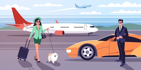 Cartoon rich people characters. Personal driver meets lady at airport, girl in expensive clothes with suitcase and dog, luxury automobile, expensive life, happy millionaire person, tidy vector concept