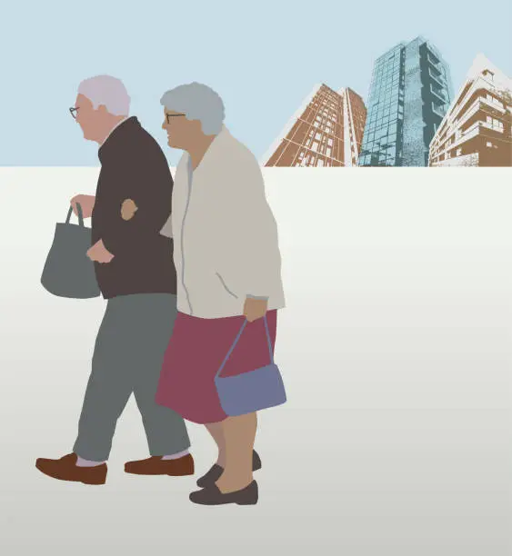 Vector illustration of Elderly couple in City