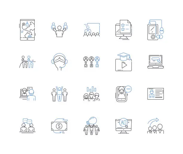 Vector illustration of Squad crew line icons collection. Unity, Companionship, Teamwork, Brotherhood, Congeniality, Collaboration, Cohesiveness vector and linear illustration. Esprit de corps,Fellowhip,Accord outline signs set