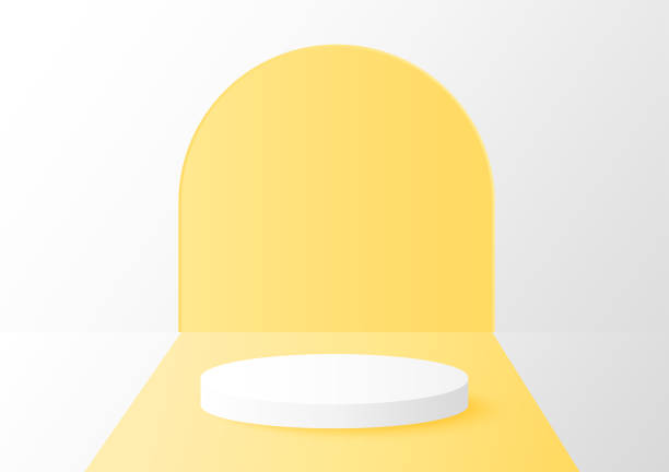 istock White cylinder podium in the room with yellow stripe on background, vector geometric platform illustration for product display presentation. 1486807183
