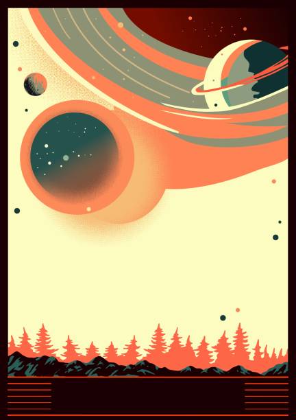 Space anomalies vintage flyer colorful with surface of earth and planets of solar system hanging over forest vector illustration