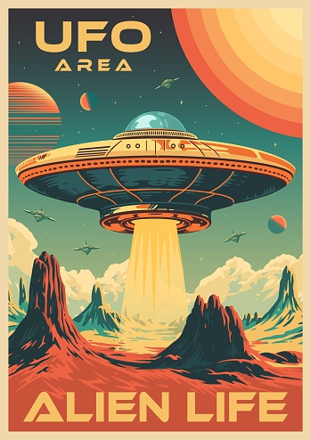 UFO area vintage flyer colorful with text alien life near moon or mars surface for science fiction literature vector illustration