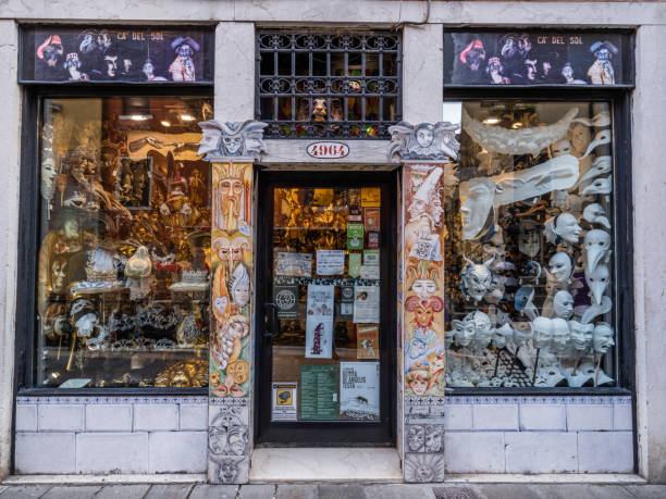 Venice, Italy - April 22, 2023: Factory and shop of carnival masks in Venice. The carnival of Venice began in 1162, after the military victory of the Venetian Republic over the Patriarch of Aquileia