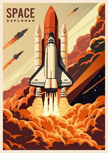 Space technology colorful vintage flyer with intergalactic shuttle for interplanetary wars or science fiction book design vector illustration