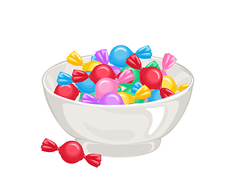Candy in colorful wrappers in bowl. Vector cartoon illustration of bright sweets.