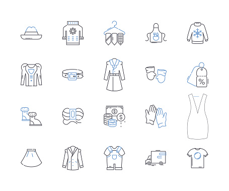 Shopping district outline icons collection. Boutiques, Malls, Markets, Pedestrian, Stores, Fashion, Retail vector and illustration concept set. Entertainment,Food linear signs and symbols