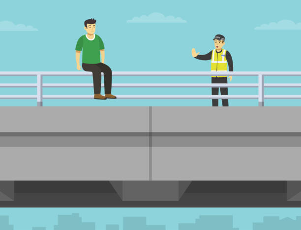 ilustraciones, imágenes clip art, dibujos animados e iconos de stock de oficial de policía tratando de detener el suicidio. el hombre suicida está a punto de saltar del puente. el personaje masculino se sienta en una barandilla de puente. - falling suicide men built structure