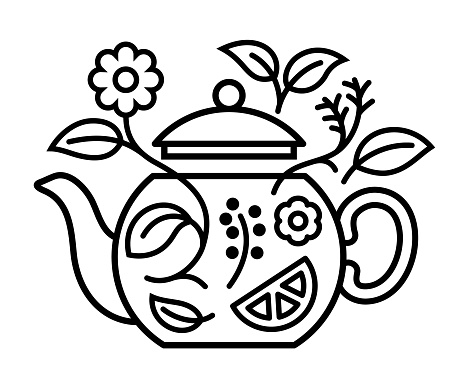 Single color isolated line art symbol of herbs with a teapot