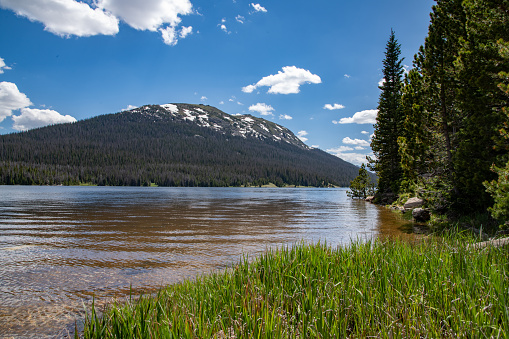 Large fresh water lake in northern Colorado above Rocky Mountain National Park in western USA, North America. Nearby cities and towns are Denver, Boulder. Loveland, Walden, and Fort Collins, Colorado.