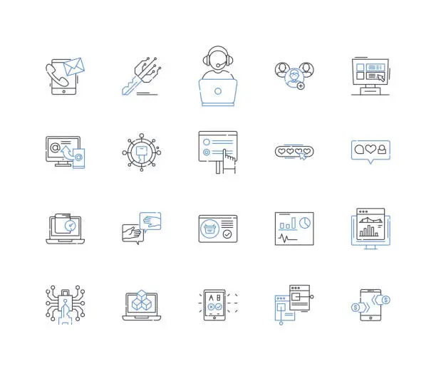 Vector illustration of Search engine line icons collection. Google , Bing , Yahoo , DuckDuckGo , Indexing , Algorithm , Query vector and linear illustration. Ranking ,Optimization ,Crawling outline signs set