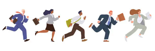 Vector illustration of Set of business people or office worker characters running fast, rushing and hurrying to goal