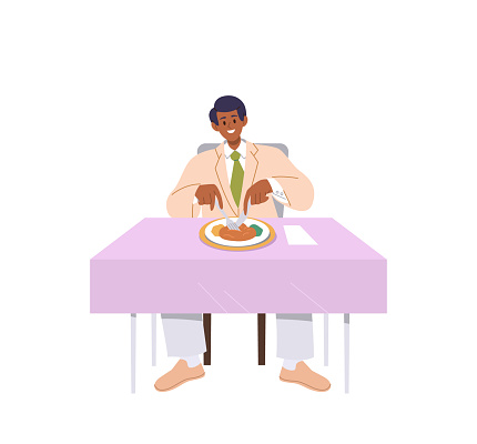 Satisfied male client eating dinner while sitting at served restaurant table isolated on white background. Flat cartoon happy smiling man consumer character having delicious lunch vector illustration